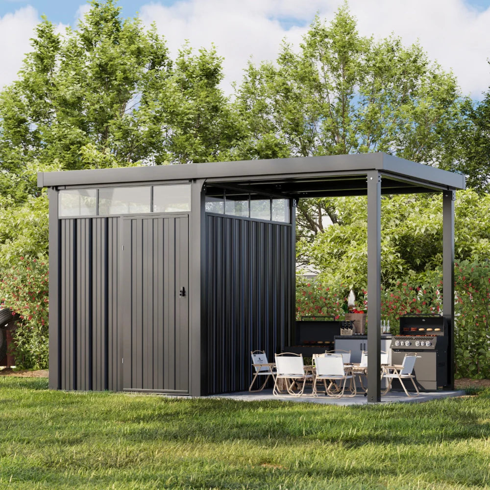6x8 Metal Storage Shed with 7x8 Pergola Covered Porch