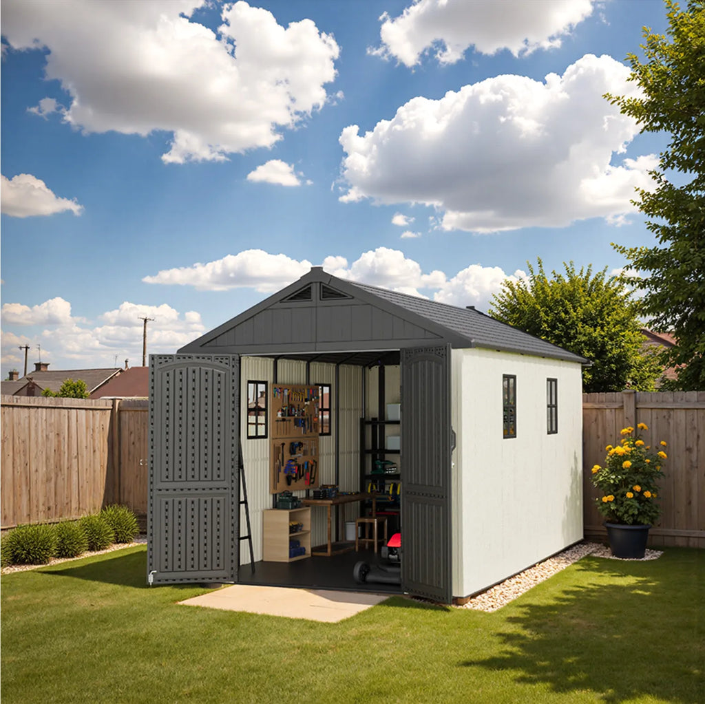 Kick-it 8x12 Plastic Storage Shed with Floor, Gray White