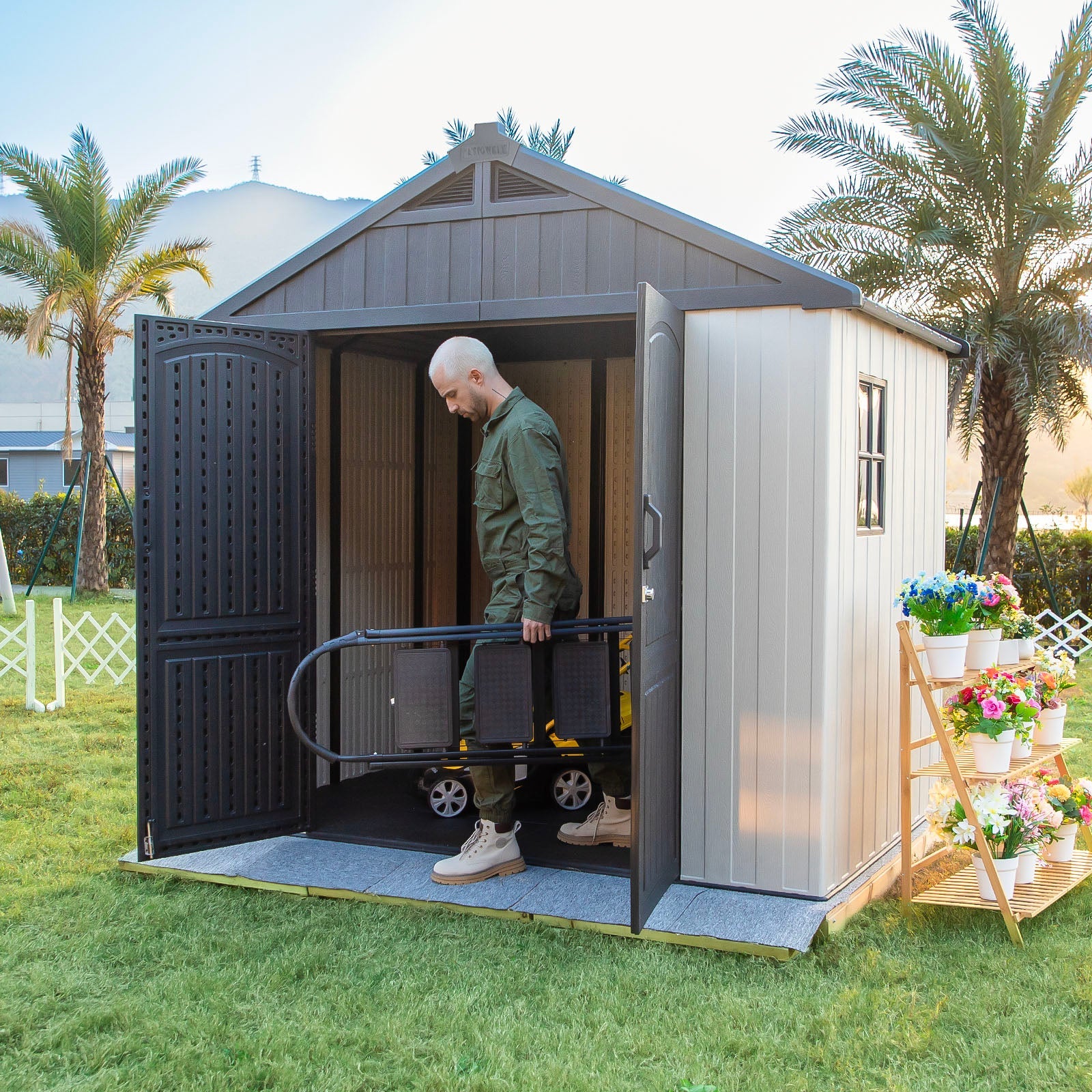 Kick-it 8x6 Plastic Storage Shed with Floor, Gray White