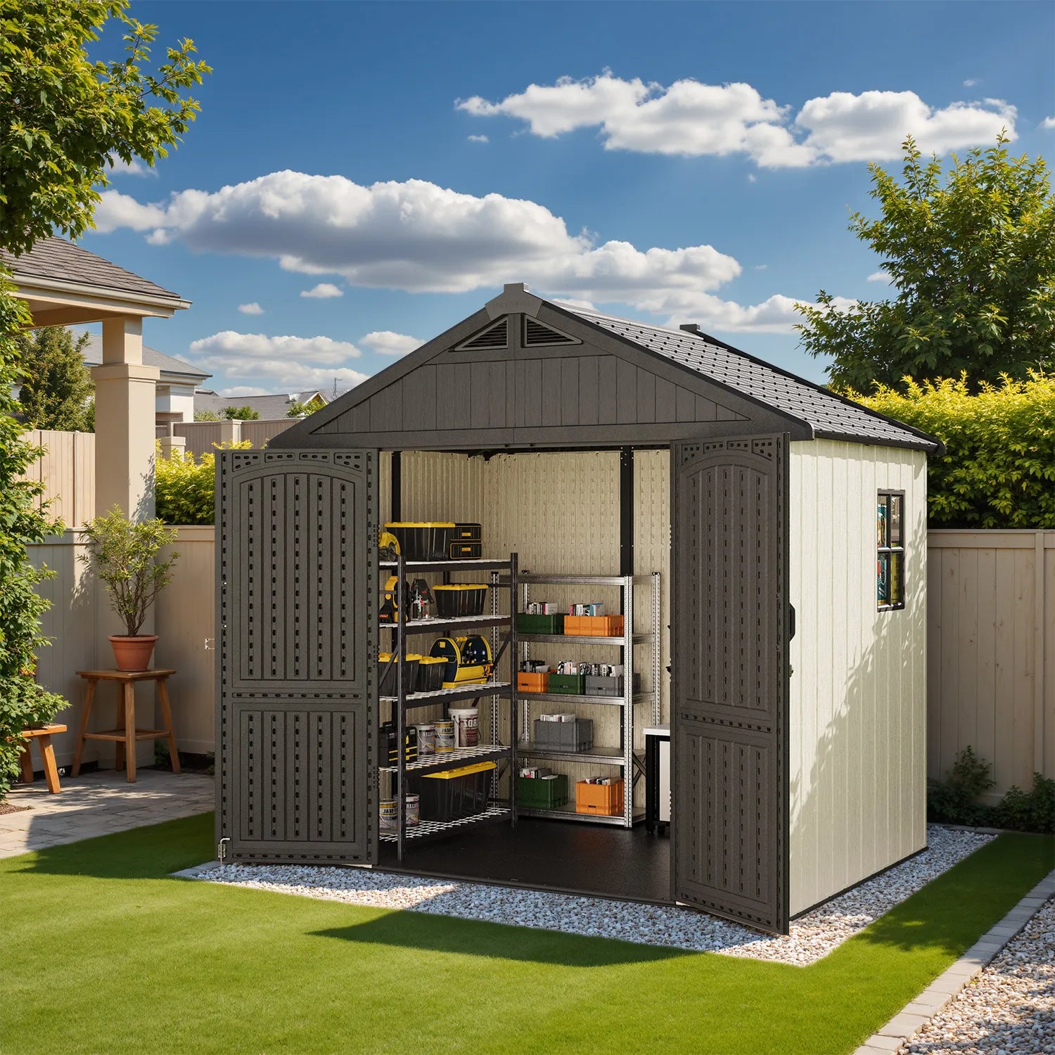 Kick-it 8x6 Plastic Storage Shed with Floor, Gray White