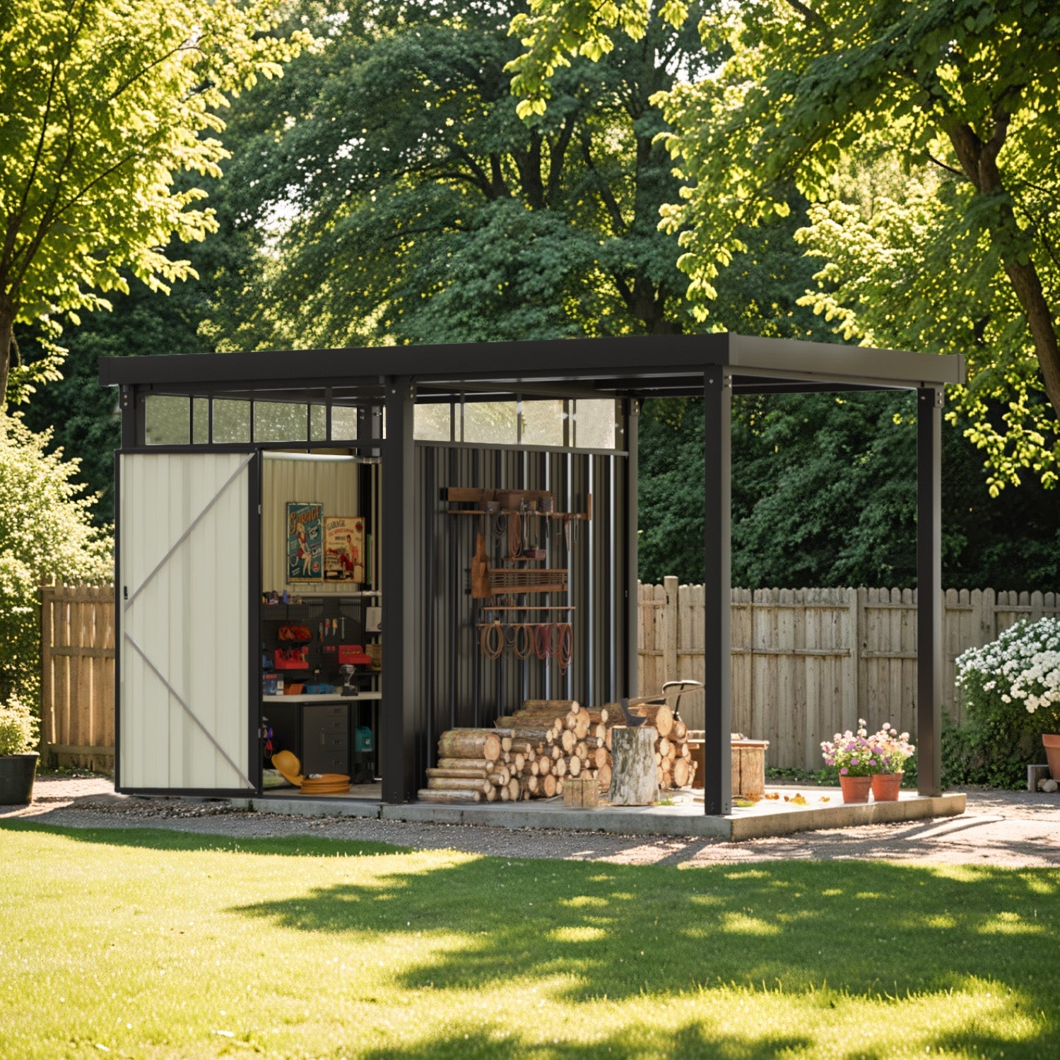 6x8 Metal Storage Shed with 7x8 Pergola Covered Porch