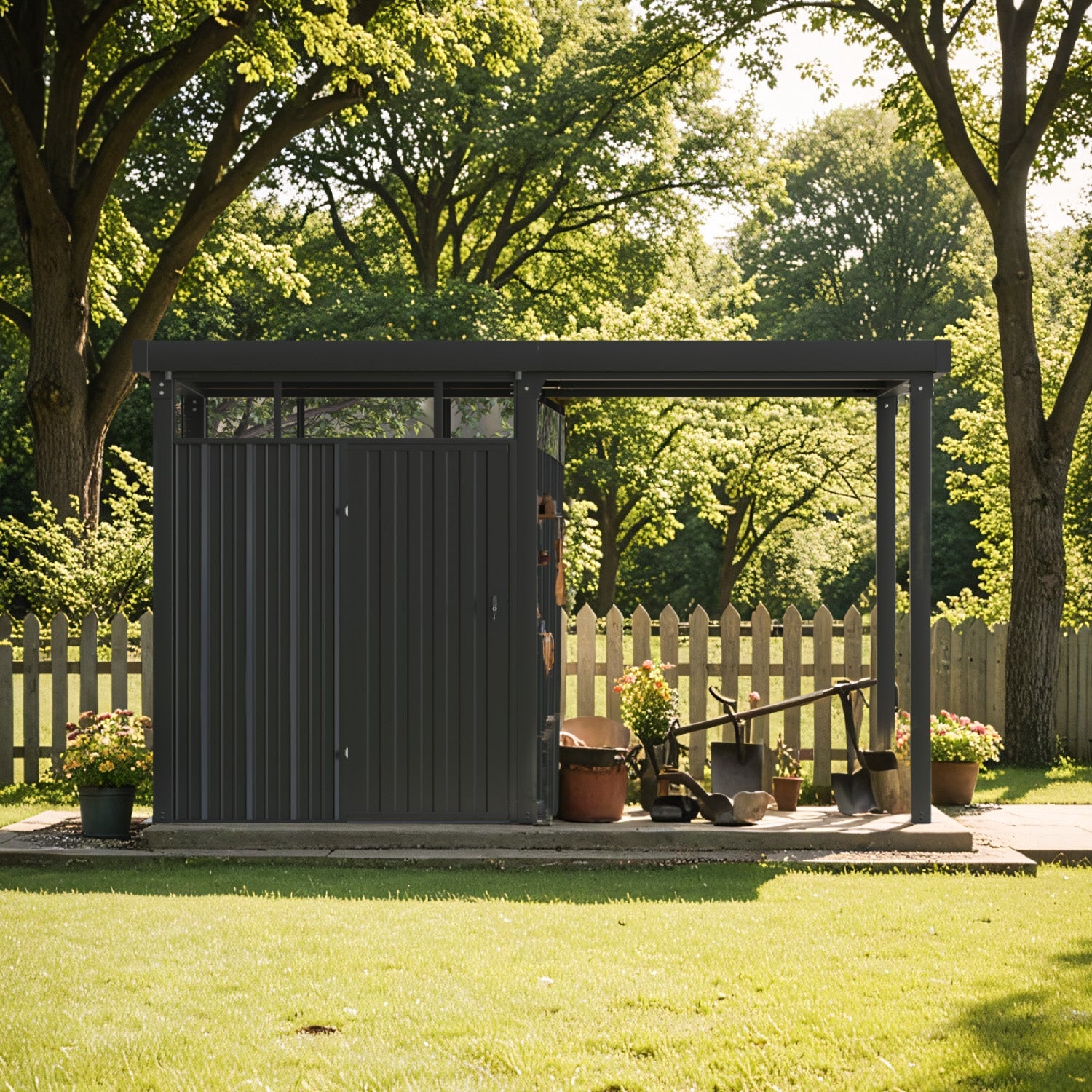 6x8 Metal Storage Shed with 7x8 Pergola Covered Porch