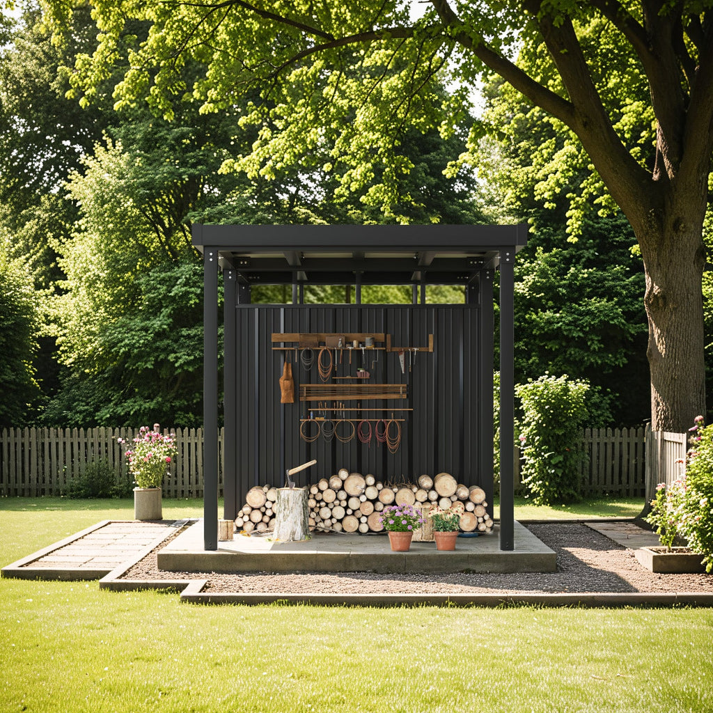 6x8 Metal Storage Shed with 7x8 Pergola Covered Porch