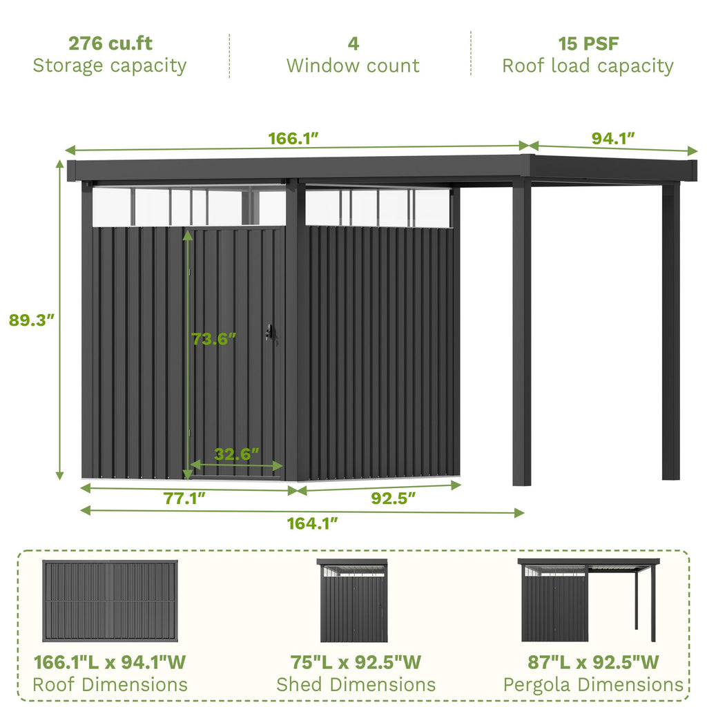 6x8 Metal Storage Shed with 7x8 Pergola Covered Porch