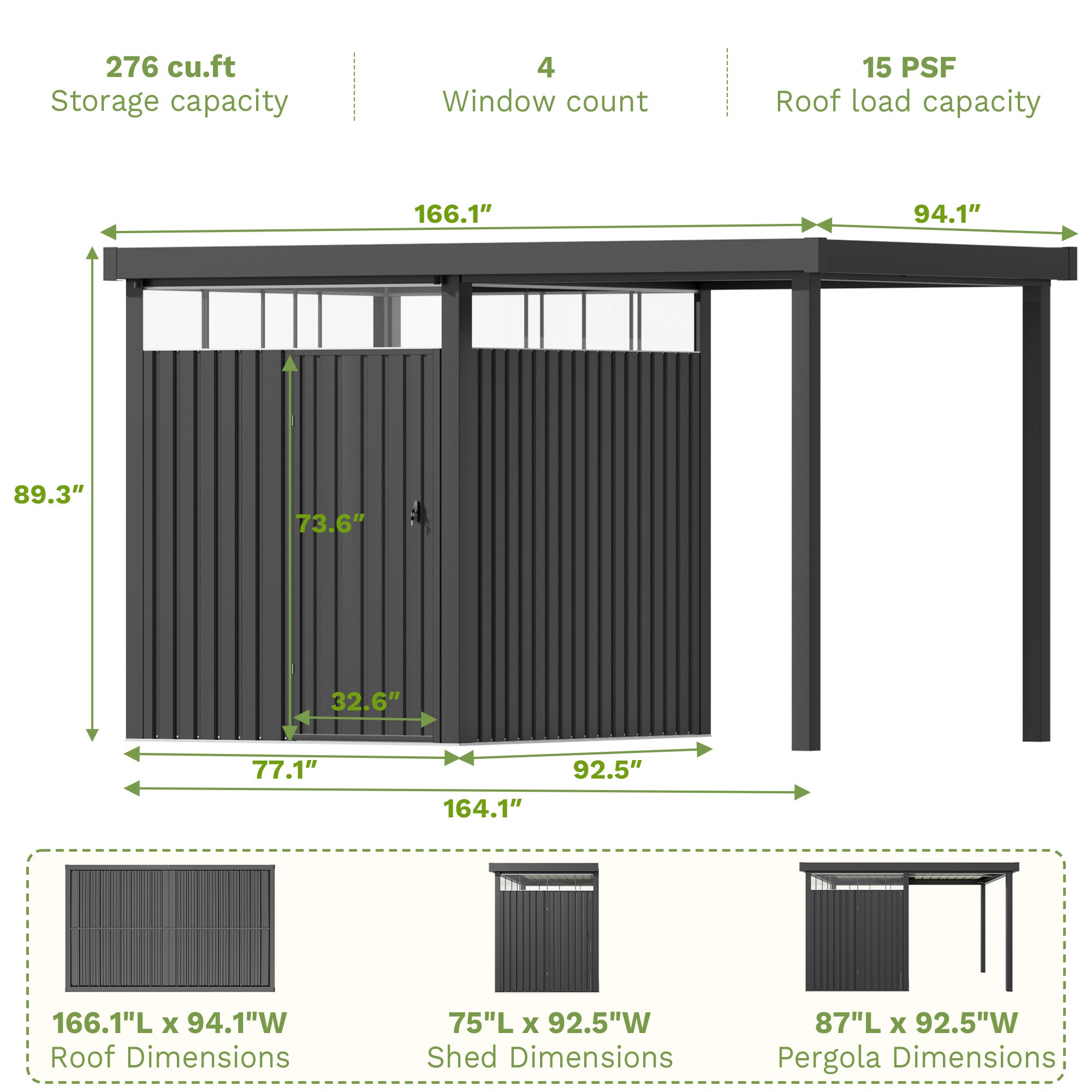 6x8 Metal Storage Shed with 7x8 Pergola Covered Porch