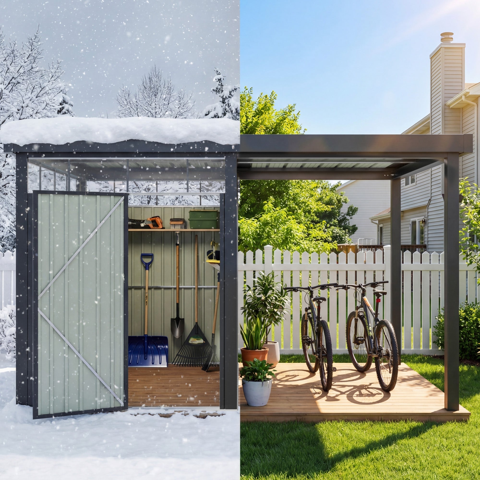 6x8 Metal Storage Shed with 7x8 Pergola Covered Porch