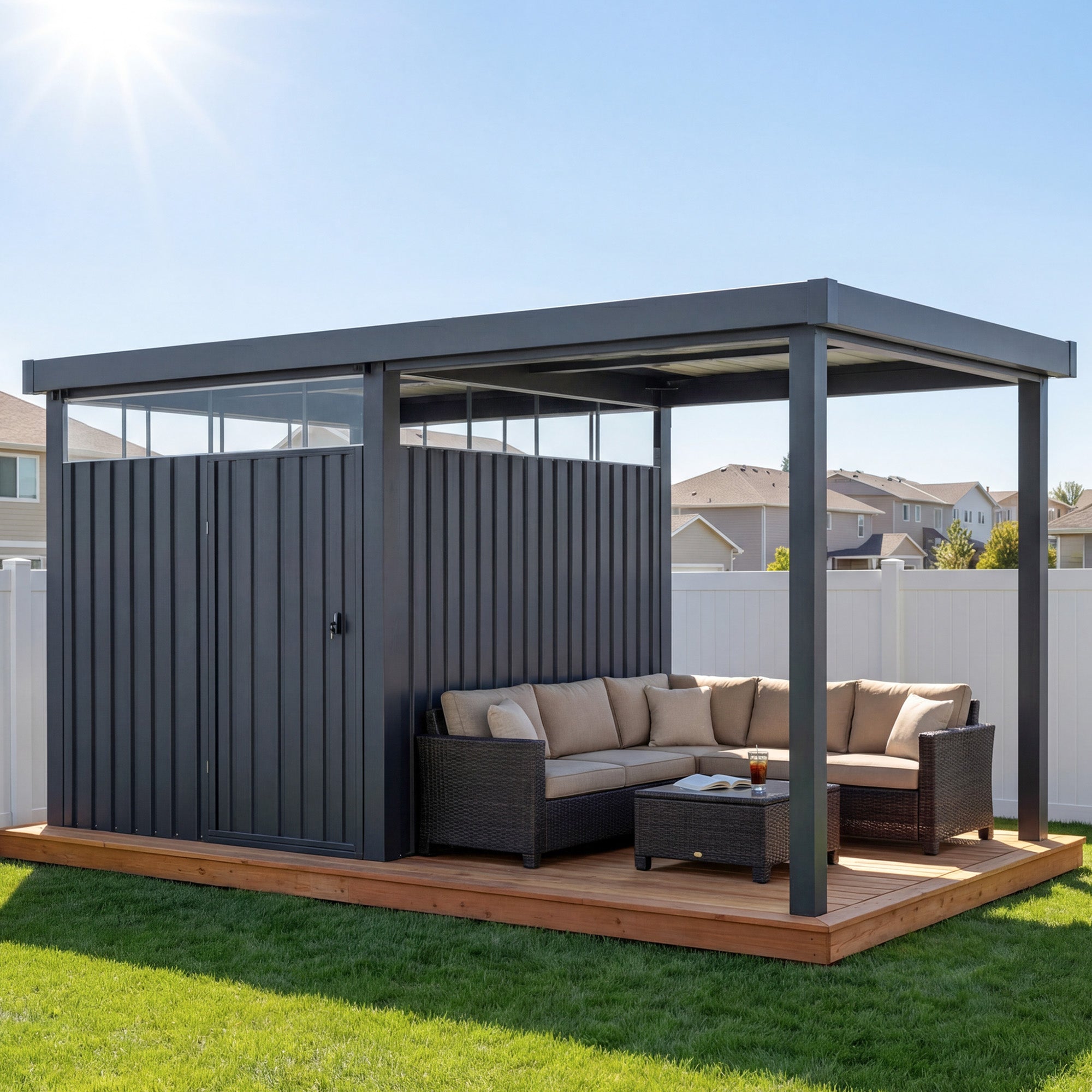 6x8 Metal Storage Shed with 7x8 Pergola Covered Porch