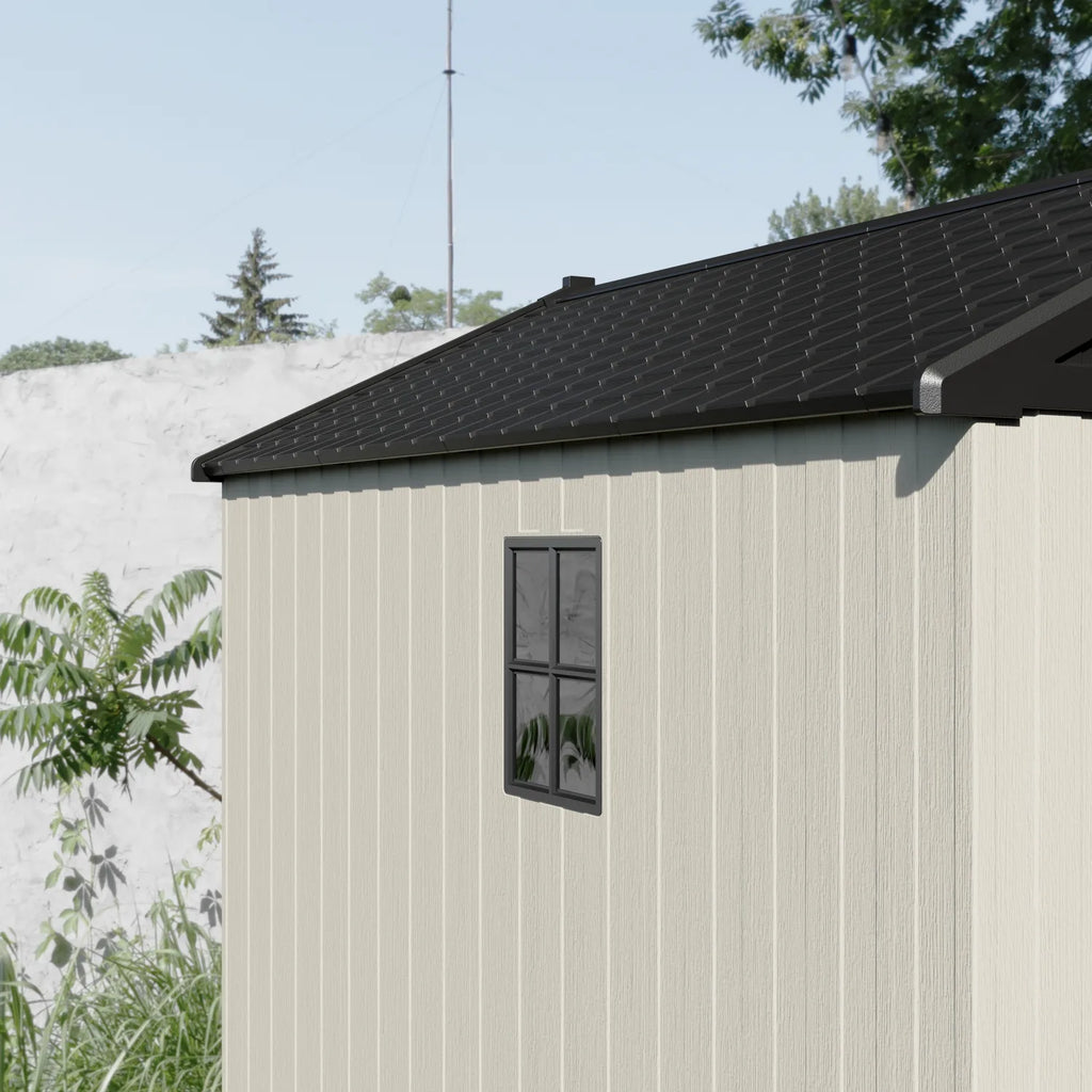 Kick-it 8x10 Plastic Storage Shed with Floor and Windows, Gray White