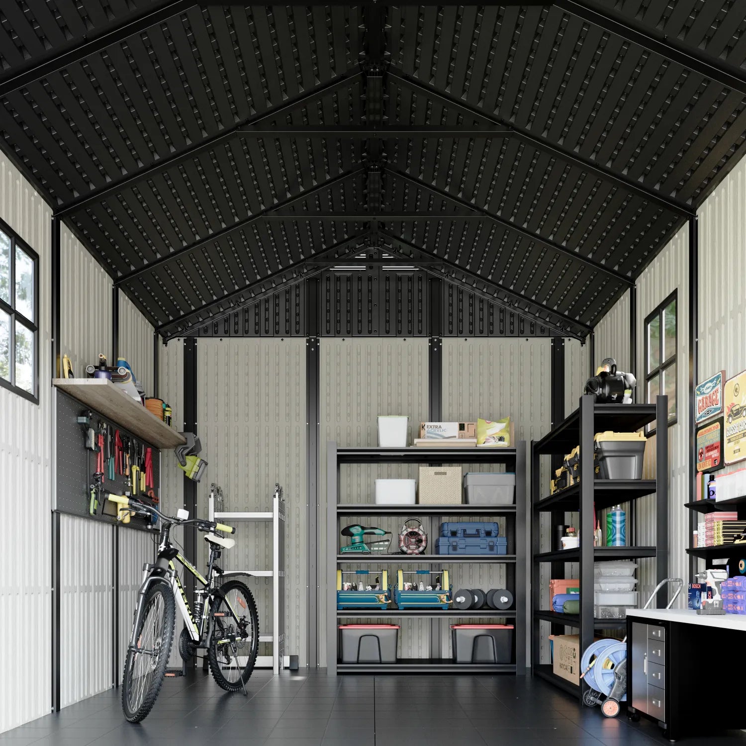 Kick-it 8x10 Plastic Storage Shed with Floor and Windows, Gray White