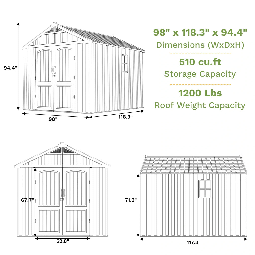 Kick-it 8x10 Plastic Storage Shed with Floor and Windows, Gray White