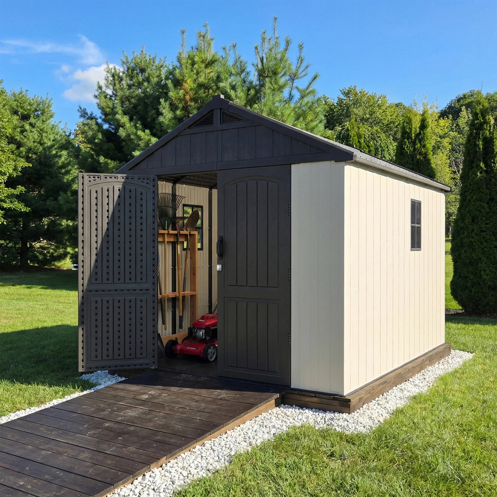 Kick-it 8x10 Plastic Storage Shed with Floor and Windows, Gray White