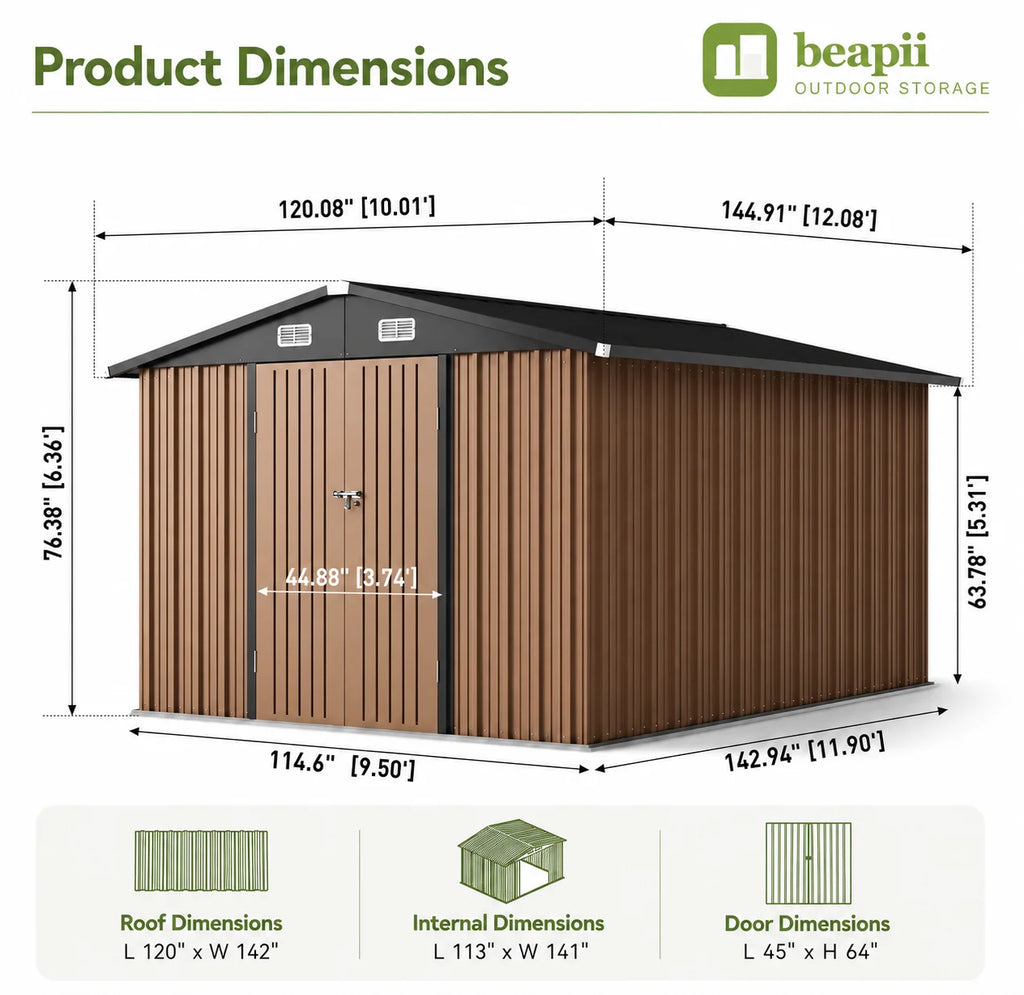 10x12 Metal Shed, Brown