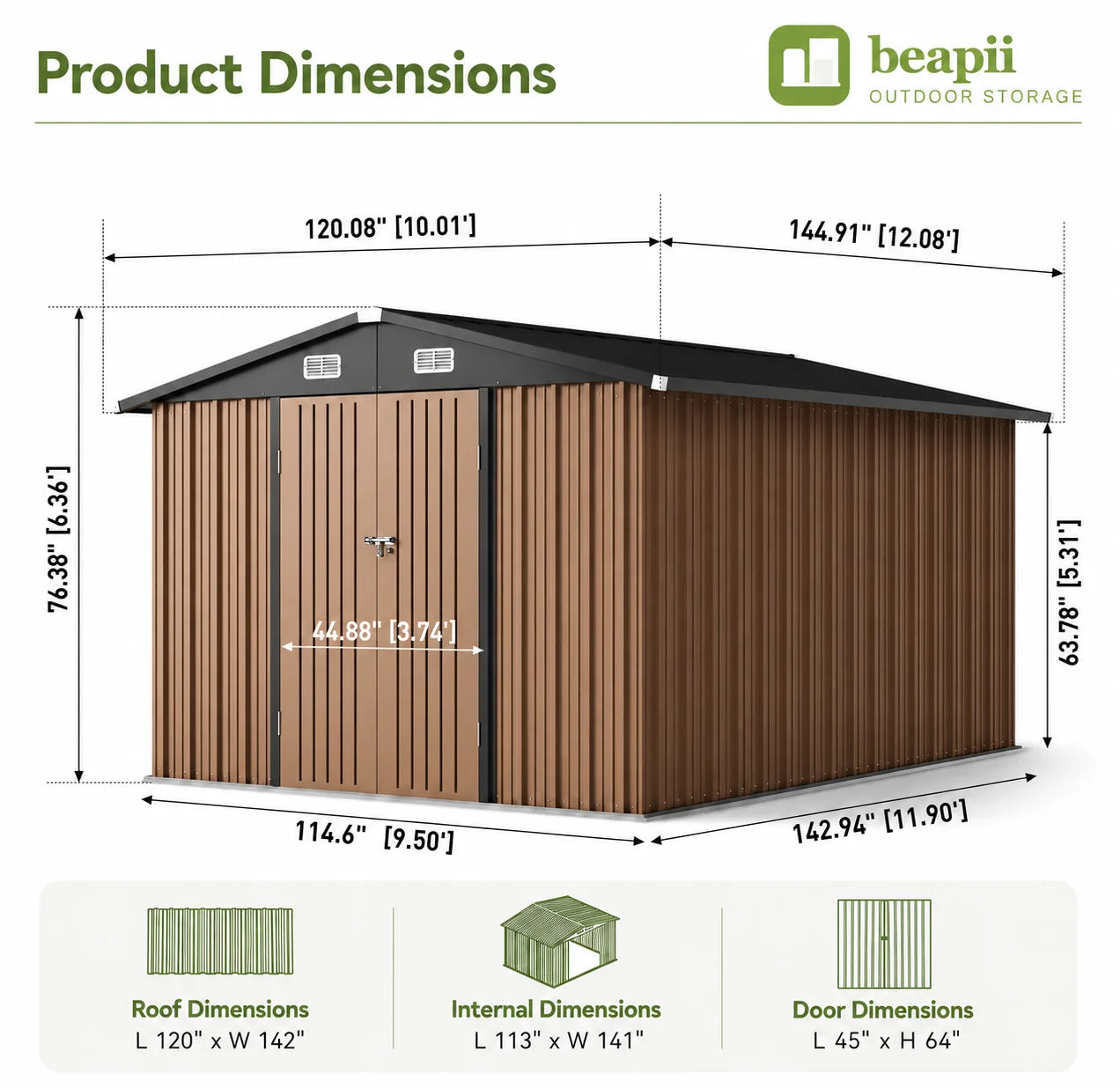 10x12 Metal Shed, Brown